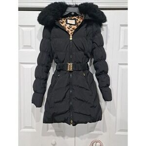 Laundry by Shelli Segal Long Jacket Faux Fur Hood Trim, Black Size M